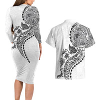 Hawaiian Kakau Tribal Sea Animals Tattoos Couples Matching Long Sleeve Bodycon Dress and Hawaiian Shirt White Color LT03 - Polynesian Pride