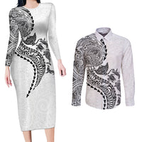Hawaiian Kakau Tribal Sea Animals Tattoos Couples Matching Long Sleeve Bodycon Dress and Long Sleeve Button Shirt White Color LT03 White - Polynesian Pride