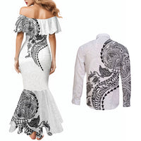 Hawaiian Kakau Tribal Sea Animals Tattoos Couples Matching Mermaid Dress and Long Sleeve Button Shirt White Color LT03 - Polynesian Pride
