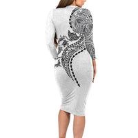 Hawaiian Kakau Tribal Sea Animals Tattoos Long Sleeve Bodycon Dress White Color