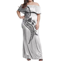 Hawaiian Kakau Tribal Sea Animals Tattoos Off Shoulder Maxi Dress White Color