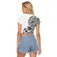 Hawaiian Kakau Tribal Sea Animals Tattoos Raglan Cropped T Shirt White Color
