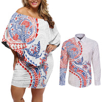 Hawaiian Kakau Tribal Sea Animals Tattoos Couples Matching Off Shoulder Short Dress and Long Sleeve Button Shirt Hawaii Flag Color Inspired LT03 Multicolor - Polynesian Pride