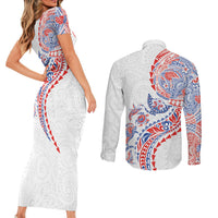 Hawaiian Kakau Tribal Sea Animals Tattoos Couples Matching Short Sleeve Bodycon Dress and Long Sleeve Button Shirt Hawaii Flag Color Inspired LT03 - Polynesian Pride