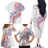Hawaiian Kakau Tribal Sea Animals Tattoos Family Matching Off The Shoulder Long Sleeve Dress and Hawaiian Shirt Hawaii Flag Color Inspired LT03 - Polynesian Pride
