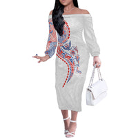 Hawaiian Kakau Tribal Sea Animals Tattoos Off The Shoulder Long Sleeve Dress Hawaii Flag Color Inspired LT03 Women Multicolor - Polynesian Pride