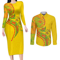 Hawaiian Kakau Tribal Sea Animals Tattoos Couples Matching Long Sleeve Bodycon Dress and Long Sleeve Button Shirt Kanaka Maoli Flag Color Inspired LT03 Multicolor - Polynesian Pride