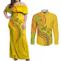Hawaiian Kakau Tribal Sea Animals Tattoos Couples Matching Off Shoulder Maxi Dress and Long Sleeve Button Shirt Kanaka Maoli Flag Color Inspired LT03 Multicolor - Polynesian Pride