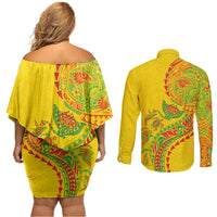 Hawaiian Kakau Tribal Sea Animals Tattoos Couples Matching Off Shoulder Short Dress and Long Sleeve Button Shirt Kanaka Maoli Flag Color Inspired LT03 - Polynesian Pride