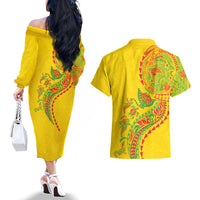 Hawaiian Kakau Tribal Sea Animals Tattoos Couples Matching Off The Shoulder Long Sleeve Dress and Hawaiian Shirt Kanaka Maoli Flag Color Inspired LT03 - Polynesian Pride