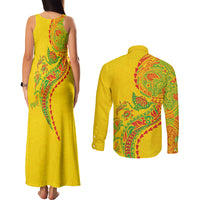 Hawaiian Kakau Tribal Sea Animals Tattoos Couples Matching Tank Maxi Dress and Long Sleeve Button Shirt Kanaka Maoli Flag Color Inspired LT03 - Polynesian Pride