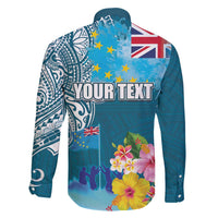 Personalised Tuvalu Independence Day Family Matching Off The Shoulder Long Sleeve Dress and Hawaiian Shirt Tuvaluan Tribal Flag Style LT03 - Polynesian Pride