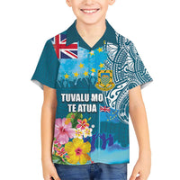 Personalised Tuvalu Independence Day Family Matching Short Sleeve Bodycon Dress and Hawaiian Shirt Tuvaluan Tribal Flag Style LT03 Son's Shirt Turquoise - Polynesian Pride