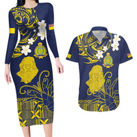 Niue Independence Day Couples Matching Long Sleeve Bodycon Dress and Hawaiian Shirt Hiapo Pattern Fiti Pua and Uga LT03 Yellow - Polynesian Pride