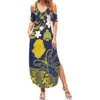Niue Independence Day Family Matching Summer Maxi Dress and Hawaiian Shirt Hiapo Pattern Fiti Pua and Uga LT03 Mom's Dress Yellow - Polynesian Pride