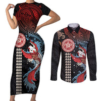 Hawaii and Japanese Together Couples Matching Short Sleeve Bodycon Dress and Long Sleeve Button Shirt Koi Fish and Kakau Pattern
