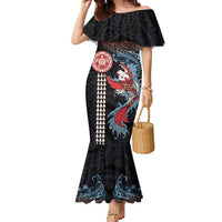 Hawaii and Japanese Together Family Matching Mermaid Dress and Hawaiian Shirt Koi Fish and Kakau Pattern LT03 Mom's Dress Black - Polynesian Pride