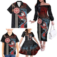 Hawaii and Japanese Together Family Matching Off The Shoulder Long Sleeve Dress and Hawaiian Shirt Koi Fish and Kakau Pattern LT03 - Polynesian Pride