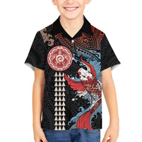 Hawaii and Japanese Together Family Matching Off The Shoulder Long Sleeve Dress and Hawaiian Shirt Koi Fish and Kakau Pattern LT03 Son's Shirt Black - Polynesian Pride