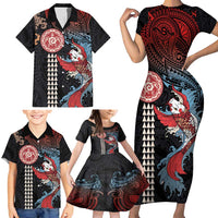 Hawaii and Japanese Together Family Matching Short Sleeve Bodycon Dress and Hawaiian Shirt Koi Fish and Kakau Pattern LT03 - Polynesian Pride