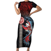 Hawaii and Japanese Together Family Matching Short Sleeve Bodycon Dress and Hawaiian Shirt Koi Fish and Kakau Pattern LT03 Mom's Dress Black - Polynesian Pride