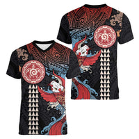 Hawaii and Japanese Together Women V-Neck T-Shirt Koi Fish and Kakau Pattern