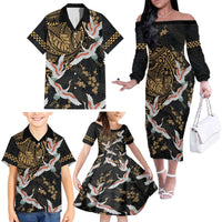 Hawaii and Japanese Together Family Matching Off The Shoulder Long Sleeve Dress and Hawaiian Shirt Cranes Birds with Kakau Pattern LT03 - Polynesian Pride