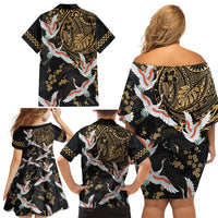Hawaii and Japanese Together Family Matching Off Shoulder Short Dress and Hawaiian Shirt Cranes Birds with Kakau Pattern LT03 - Polynesian Pride