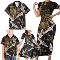 Hawaii and Japanese Together Family Matching Short Sleeve Bodycon Dress and Hawaiian Shirt Cranes Birds with Kakau Pattern LT03 - Polynesian Pride