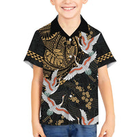 Hawaii and Japanese Together Family Matching Short Sleeve Bodycon Dress and Hawaiian Shirt Cranes Birds with Kakau Pattern LT03 Son's Shirt Black - Polynesian Pride