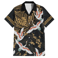 Hawaii and Japanese Together Family Matching Summer Maxi Dress and Hawaiian Shirt Cranes Birds with Kakau Pattern LT03 Dad's Shirt - Short Sleeve Black - Polynesian Pride