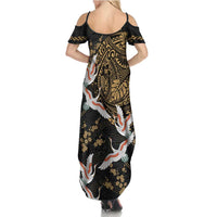 Hawaii and Japanese Together Family Matching Summer Maxi Dress and Hawaiian Shirt Cranes Birds with Kakau Pattern LT03 - Polynesian Pride