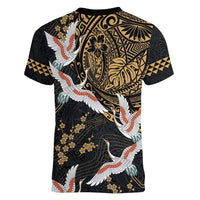 Hawaii and Japanese Together Women V-Neck T-Shirt Cranes Birds with Kakau Pattern