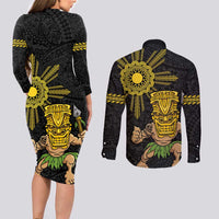 Hawaii and Philippines Together Couples Matching Long Sleeve Bodycon Dress and Long Sleeve Button Shirt Warrior Tiki Mask and Filipino Sun Polynesian Style LT03 - Polynesian Pride