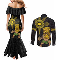 Hawaii and Philippines Together Couples Matching Mermaid Dress and Long Sleeve Button Shirt Warrior Tiki Mask and Filipino Sun Polynesian Style LT03 - Polynesian Pride