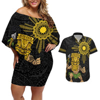 Hawaii and Philippines Together Couples Matching Off Shoulder Short Dress and Hawaiian Shirt Warrior Tiki Mask and Filipino Sun Polynesian Style LT03 Black - Polynesian Pride