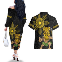 Hawaii and Philippines Together Couples Matching Off The Shoulder Long Sleeve Dress and Hawaiian Shirt Warrior Tiki Mask and Filipino Sun Polynesian Style LT03 - Polynesian Pride