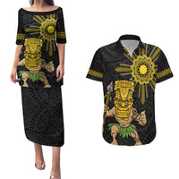 Hawaii and Philippines Together Couples Matching Puletasi and Hawaiian Shirt Warrior Tiki Mask and Filipino Sun Polynesian Style LT03 Black - Polynesian Pride
