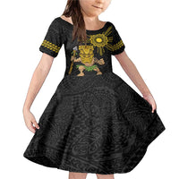 Hawaii and Philippines Together Family Matching Mermaid Dress and Hawaiian Shirt Warrior Tiki Mask and Filipino Sun Polynesian Style LT03 Daughter's Dress Black - Polynesian Pride