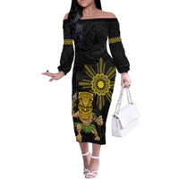 Hawaii and Philippines Together Family Matching Off The Shoulder Long Sleeve Dress and Hawaiian Shirt Warrior Tiki Mask and Filipino Sun Polynesian Style LT03 Mom's Dress Black - Polynesian Pride