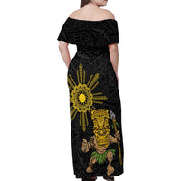 Hawaii and Philippines Together Family Matching Off Shoulder Maxi Dress and Hawaiian Shirt Warrior Tiki Mask and Filipino Sun Polynesian Style LT03 - Polynesian Pride