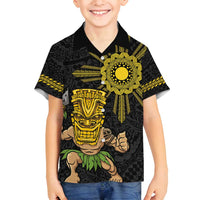 Hawaii and Philippines Together Family Matching Off Shoulder Maxi Dress and Hawaiian Shirt Warrior Tiki Mask and Filipino Sun Polynesian Style LT03 Son's Shirt Black - Polynesian Pride