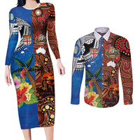 Fiji and Australia Together Couples Matching Long Sleeve Bodycon Dress and Long Sleeve Button Shirt Fijian Tapa Plants with Kangaroo and Aboriginal LT03 Black - Polynesian Pride