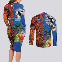 Fiji and Australia Together Couples Matching Long Sleeve Bodycon Dress and Long Sleeve Button Shirt Fijian Tapa Plants with Kangaroo and Aboriginal LT03 - Polynesian Pride