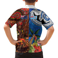 Fiji and Australia Together Family Matching Off Shoulder Short Dress and Hawaiian Shirt Fijian Tapa Plants with Kangaroo and Aboriginal LT03 - Polynesian Pride