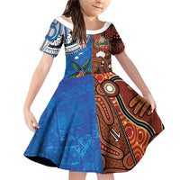 Fiji and Australia Together Family Matching Off Shoulder Short Dress and Hawaiian Shirt Fijian Tapa Plants with Kangaroo and Aboriginal LT03 Daughter's Dress Black - Polynesian Pride