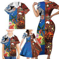 Fiji and Australia Together Family Matching Short Sleeve Bodycon Dress and Hawaiian Shirt Fijian Tapa Plants with Kangaroo and Aboriginal LT03 - Polynesian Pride