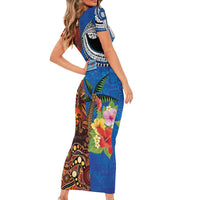 Fiji and Australia Together Family Matching Short Sleeve Bodycon Dress and Hawaiian Shirt Fijian Tapa Plants with Kangaroo and Aboriginal LT03 - Polynesian Pride