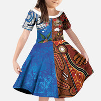 Fiji and Australia Together Kid Short Sleeve Dress Fijian Tapa Plants with Kangaroo and Aboriginal - Polynesian Pride