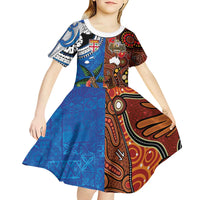 Fiji and Australia Together Kid Short Sleeve Dress Fijian Tapa Plants with Kangaroo and Aboriginal - Polynesian Pride
